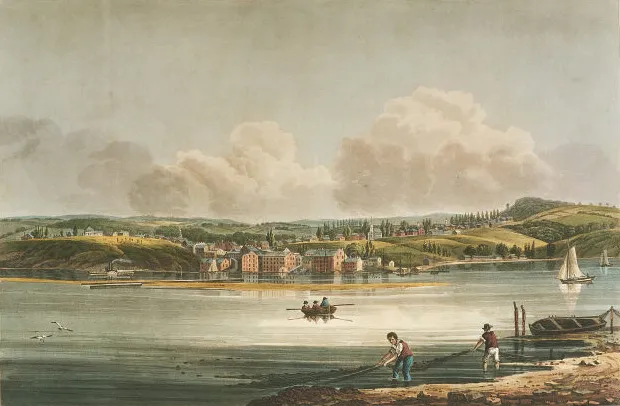 Painting of Hudson View from Athens, river with boats, buildings, and fishermen