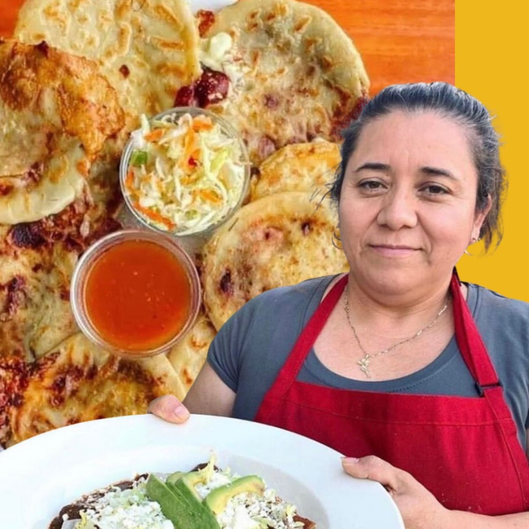 Maria wear a red apron holding a plate. Her image is imposed on background of pupusas