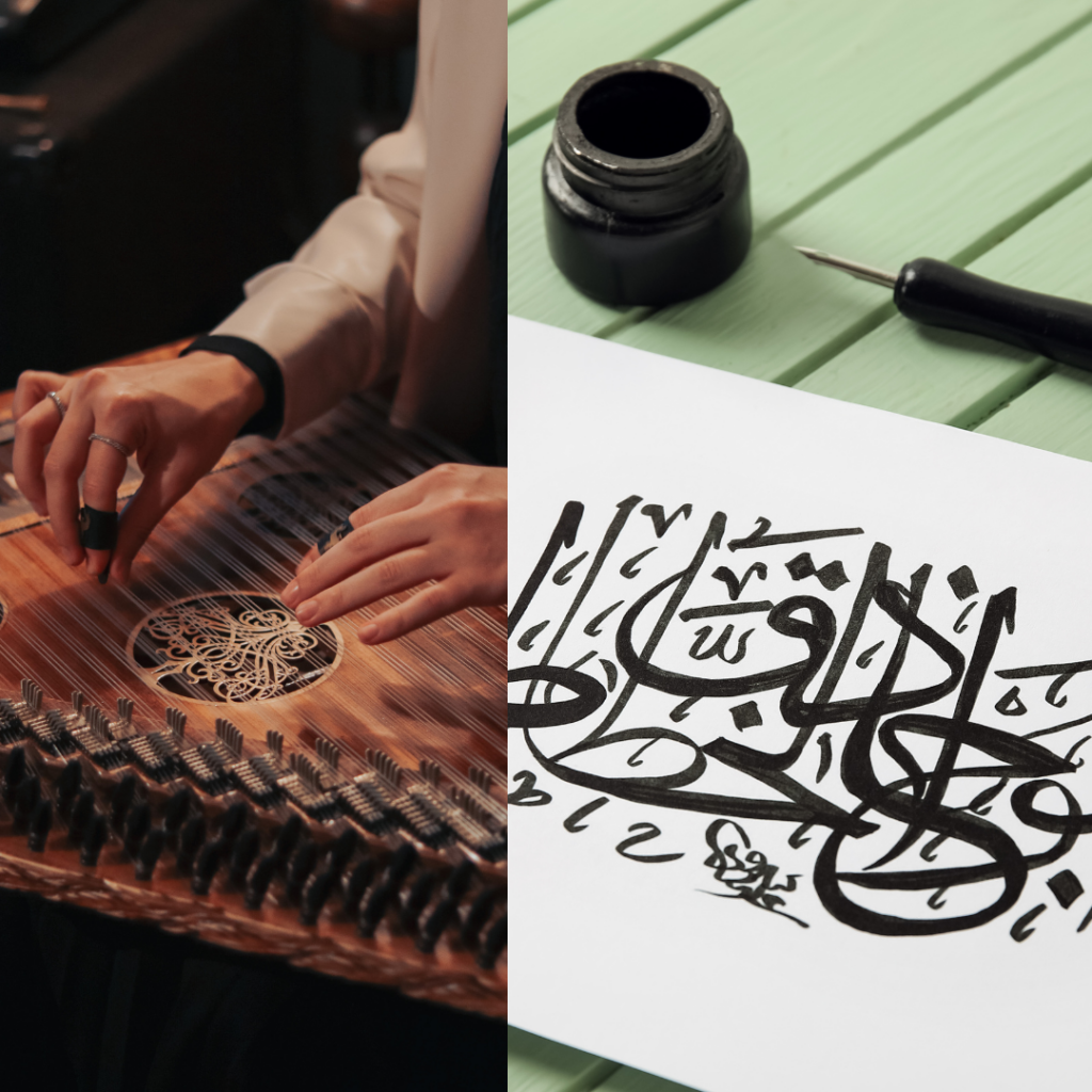 a split screen of Arabic Calligraphy and a Qanun