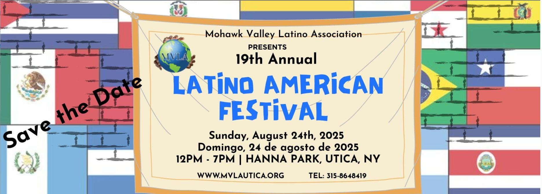 a composite image of flags of Latino countries. Over it is a graphic of sign with information for the Latino American Festival in Utica.