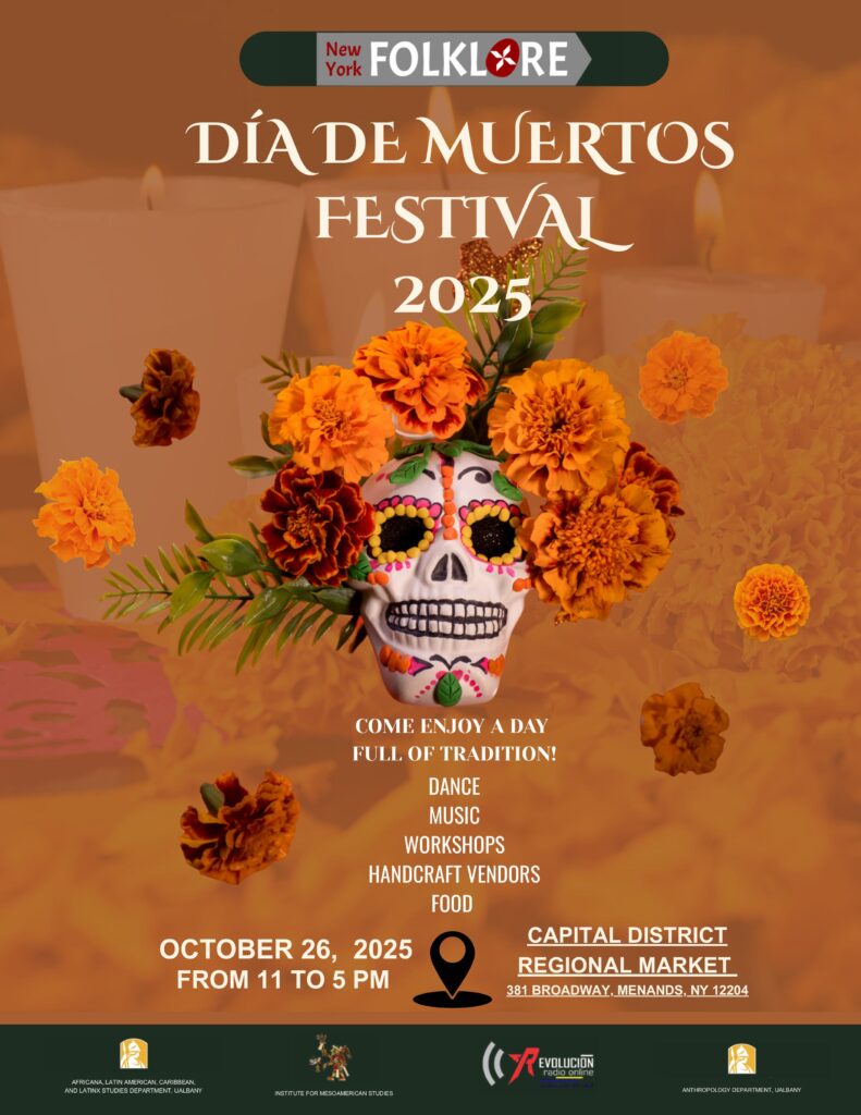 An event flyer featuring a brightly decorated skill and orange marigolds.