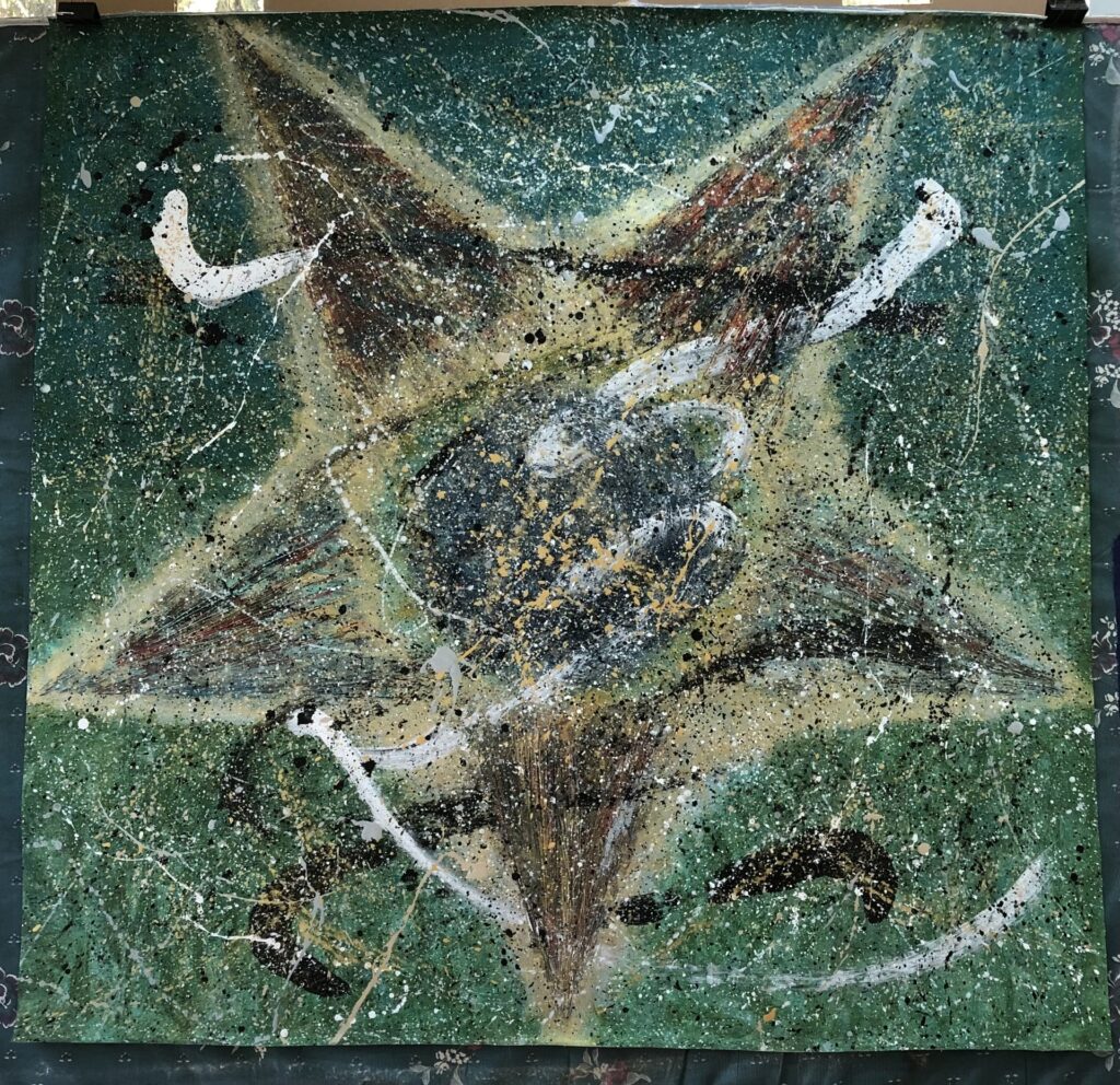 an abstract painting with splotches of paint over a five pointed star