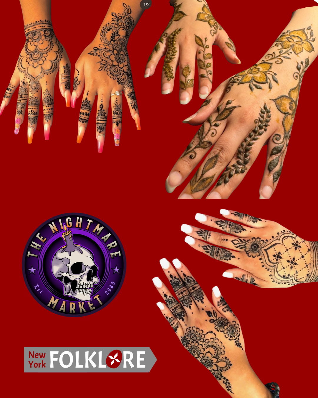 Three pairs of Henna decorated hands on a red background with New York Folklore and Nightmare market logos