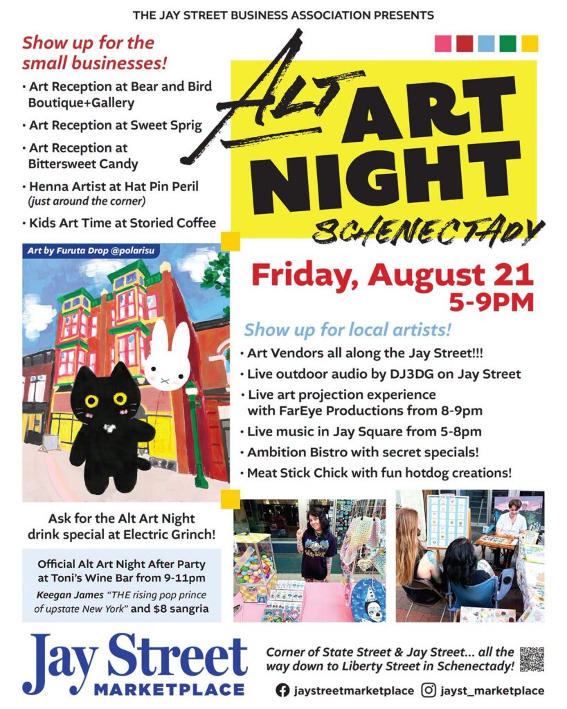 Flyer for Alt Art Night. Instructs visitors to head to Jay street to see street vendors and local businesses